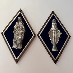 Antique Holy Family Silver Tone Hand Engraved Italy 2ps Wall Decor Miniature